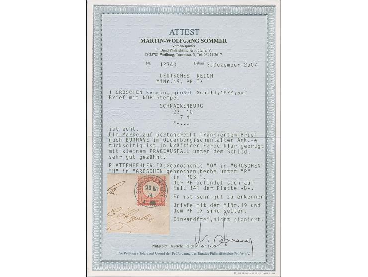 1 Gr. karmin mit Plattenfehler “O in GROSCHEN links gebrochen, H in GROSCHEN links gebrochen” (Feld 141 mit Kerbe im Innenkre