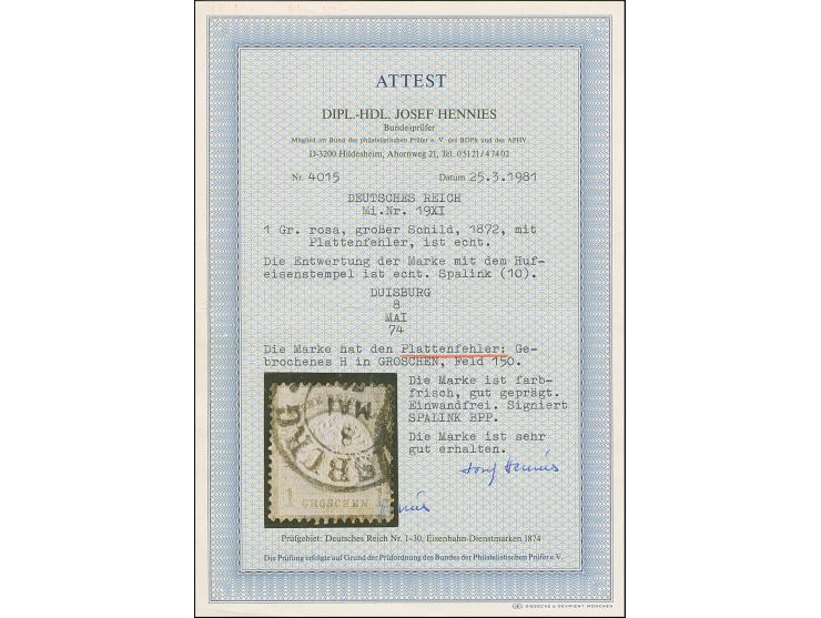 1 Gr. mit Plattenfehler “gebrochenes H in GROSCHEN” (Feld 150), mit Hufeisenstempel “DUISBURG 8.MAI.74” (Spalink 10) entwerte