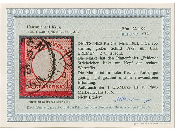 1 Gr. karmin mit Plattenfehler “zwei fehlende Striche der 14. Strichleiste links der rechten Wertziffer”, sauber gestempelt. 