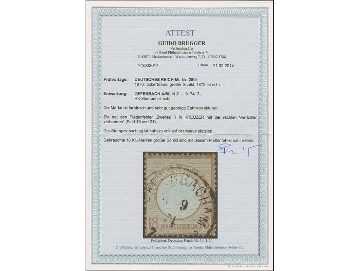 18 Kr. ockerbraun mit Plattenfehler “rechter Fuß vom zweiten R in KREUZER nach rechts verlängert” (Feld 19,21), mit Ekr. “OFF