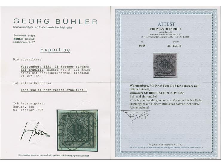 18 Kr. auf bläulichviolett, Type I, sehr farbfrisch und allseits voll- bis breitrandig mit praktisch kpl. Steigbügelstempel “