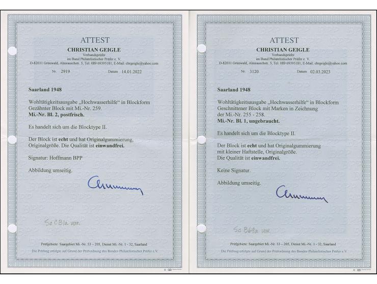 1948, Hochwasserhilfe-Blockpaar, einheitlich Type II, ungebraucht bzw. postfrisch, tadellos, teils sign. sowie zwei Fotoattes