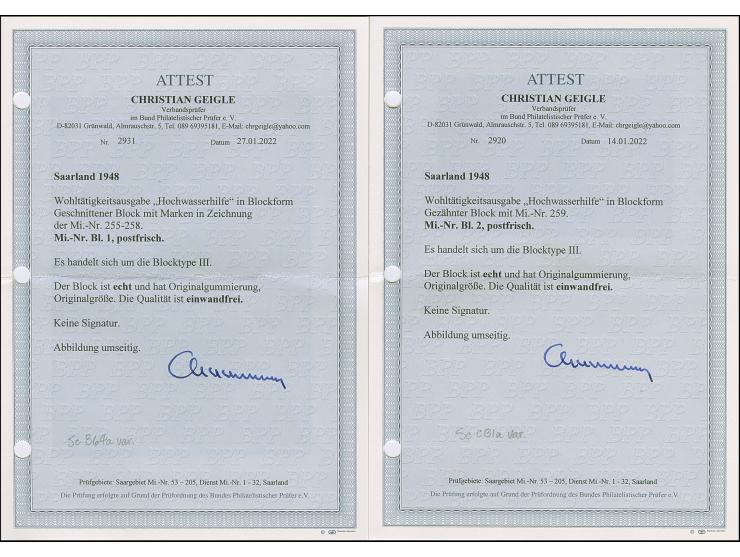 1948, Hochwasserhilfe-Blockpaar, einheitlich Type III, postfrisch, tadellos, unsigniert mit zwei Fotoattesten Geigle BPP (202