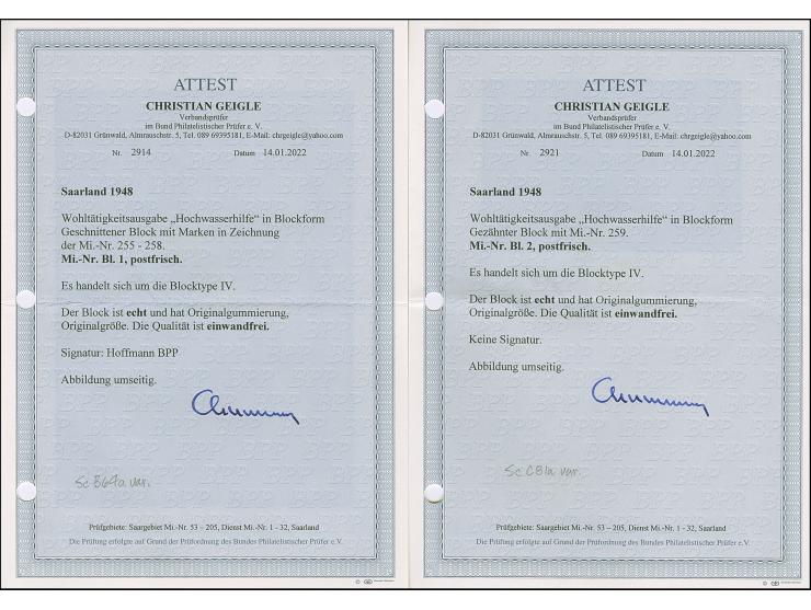 1948, Hochwasserhilfe-Blockpaar, einheitlich Type IV, postfrisch, tadellos, teils sign. mit zwei Fotoattesten Geigle BPP (202