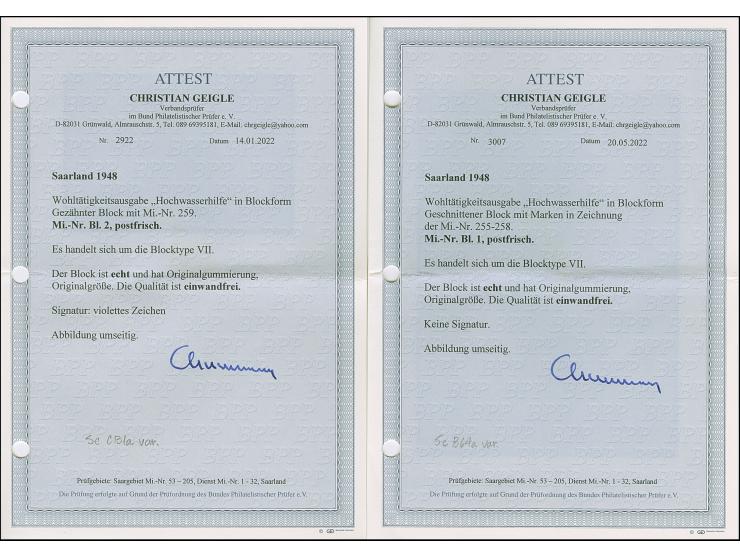 1948, Hochwasserhilfe-Blockpaar, einheitlich Type VII, postfrisch, tadellos, teils sign. mit zwei Fotoattesten Geigle BPP (20