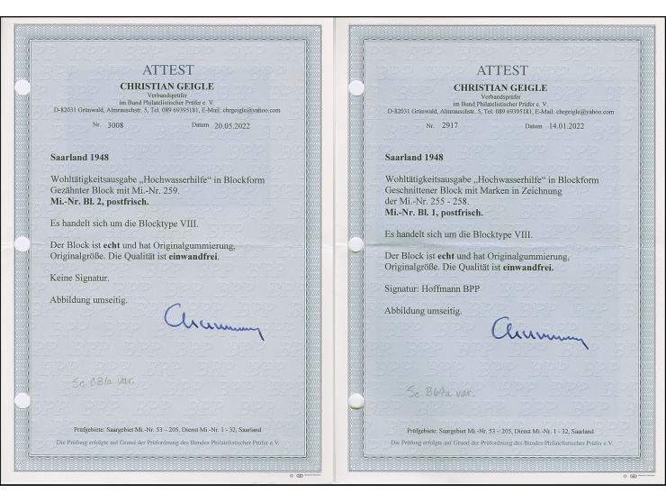 1948, Hochwasserhilfe-Blockpaar, einheitlich Type VIII, postfrisch, tadellos, teils sign. mit zwei Fotoattesten Geigle BPP (2
