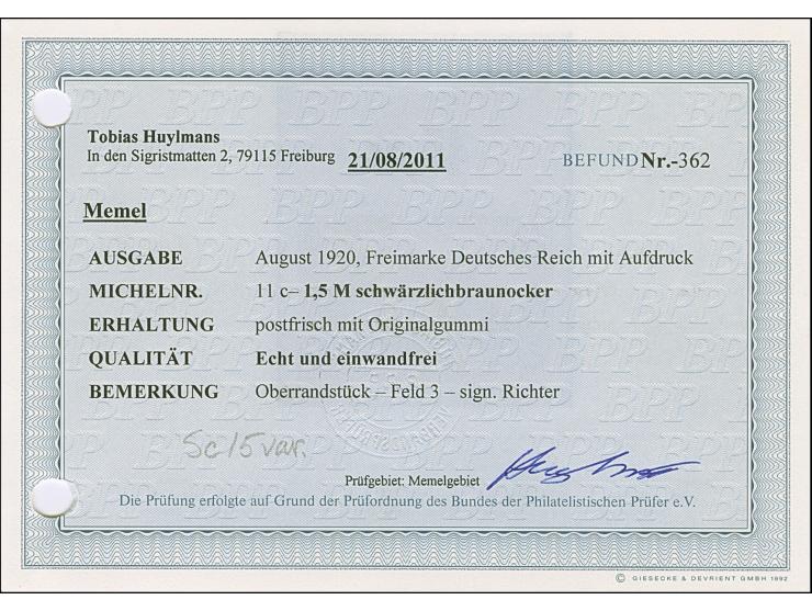 1920, 1,50 Mark schwärzlichbraunocker, Oberrandstück, postfrisch, zwei Zahnspitzen winzig fleckig, sonst tadellos, eine sehr 