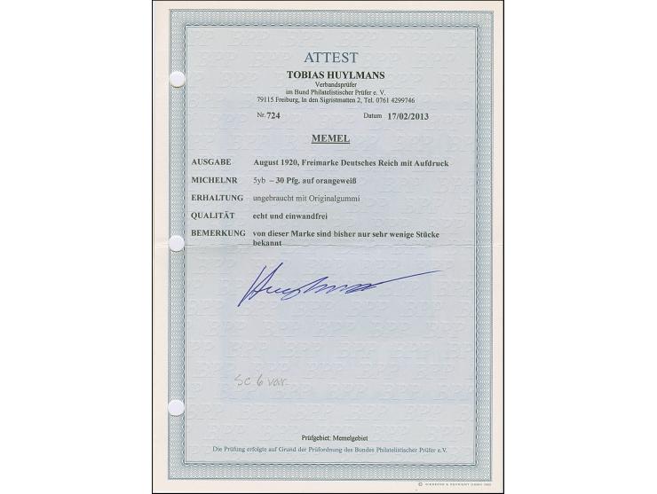 1920, Germania 30 Pfennig auf orangeweiß mit heller Friedensgummierung, sauber ungebraucht, tadellos, eine sehr seltene Marke