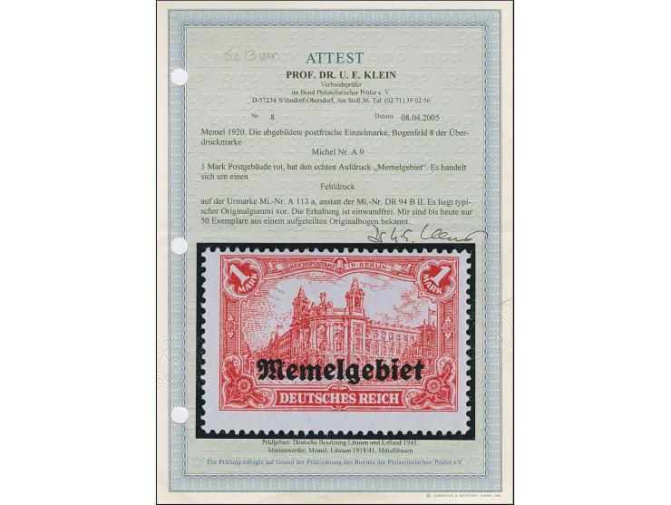 1920, 1 Mark rot, Fehldruck auf Urmarke Deutsches Reich Mi.-Nr. A113a, postfrisch mit minimaler lagerungsbedingter Gummistruk