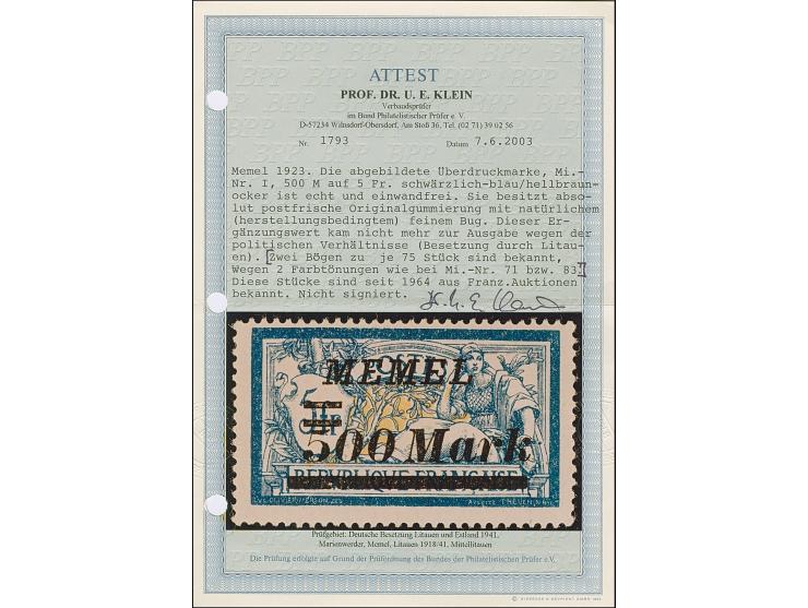 Nicht ausgegebene Marke: 1923, Freimarke 500 M. auf 5 Fr. schwärzlichblau/hellbraunocker, postfrisch, tadellos, ausgabetypisc