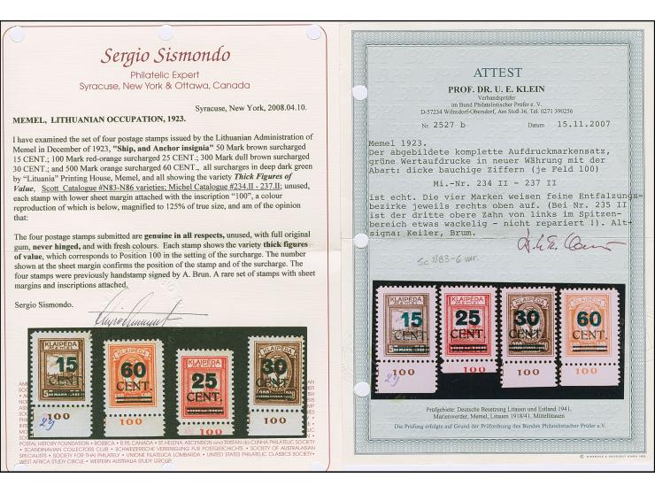 1923, Grünaufdruck 15-60 Cent., Aufdrucktype II “dicke Ziffern”, einheitliche Unterrandstücke von Feld 100, sauber ungebrauch