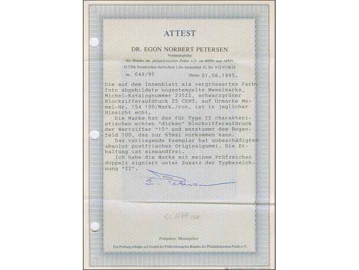 1923, Grünaufdruck 25 Cent., Aufdrucktype II “dicke Ziffern”, sauber ungebraucht, tadellos, sign. Dr. Petersen BPP mit Fotoat