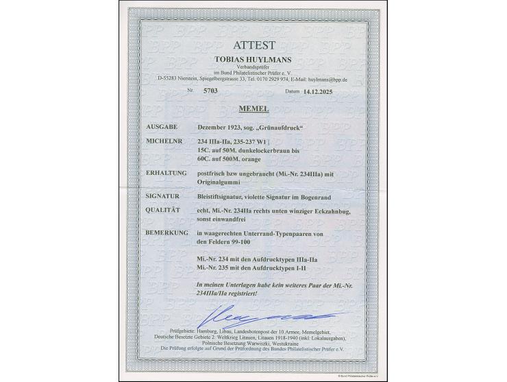 1923, Grünaufdruck 15-60 Cent., Aufdrucktype II “dicke Ziffern”, einheitliche Unterrandpaare Felder 99-100, Type I auf Feld 9