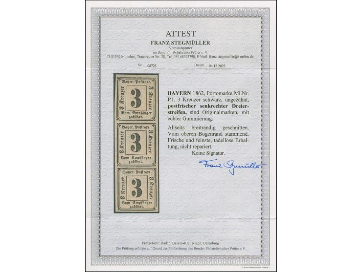 1862, 3 Kr. schwarz im senkrechten 3er-Streifen, allseits breitrandig, postfrisch, tadellos. Fotoattest Stegmüller BPP (2023)