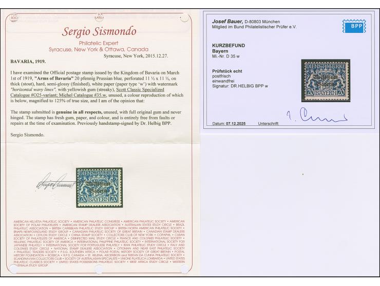 20 Pfg Volksstaat auf satiniertem Papier, postfrisch in einwandfreier Erhaltung. Eine sehr seltene Variante. Signiert Dr. Hel