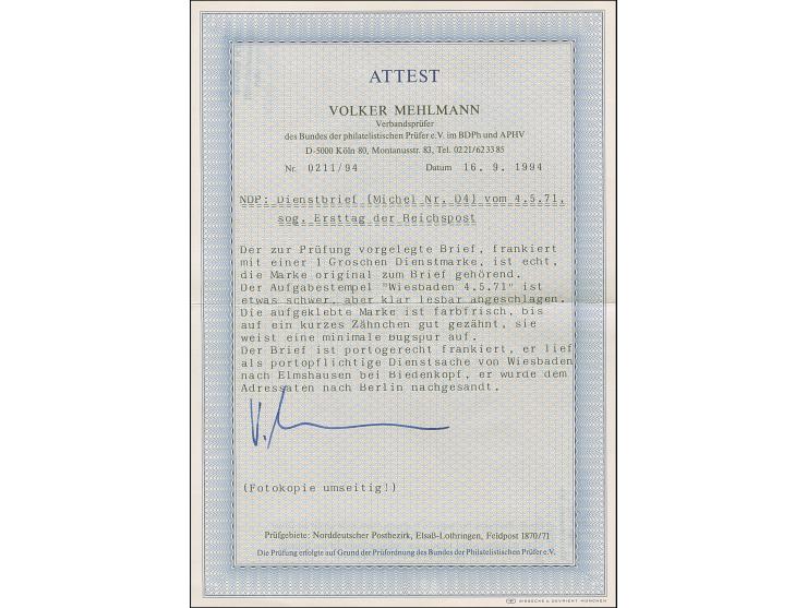 "Wiesbaden 4 5 71", sauber auf- und nebengesetzt auf Dienstmarke 1 Gr. auf Briefhülle an den Regierungspräsidenten Winter nac