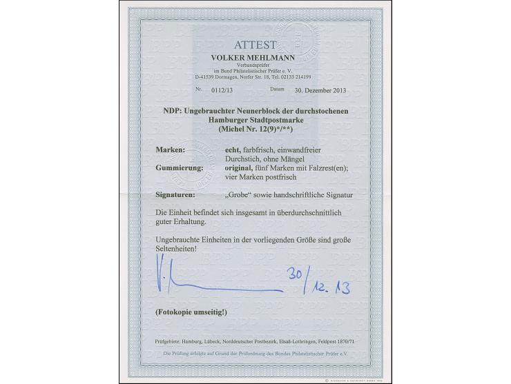 Stadtpostmarke ½ Sch. rötlichbraun im 9er-Block, farbfrisch und gut durchstochen, ungebraucht, 4 Werte postfrisch. Tadellos. 