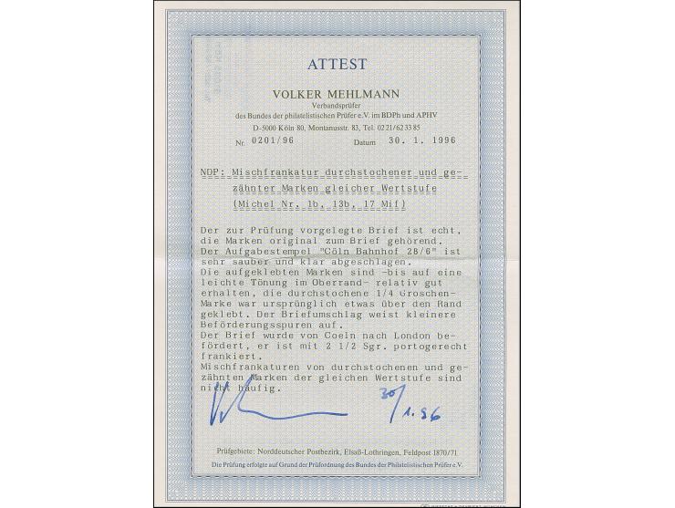 ¼ Gr. lila in wertstufengleicher Mischfrankatur mit ¼ Gr. gezähnt sowie 2 Gr. gezähnt, mit DKr. "CÖLN BAHNHOF 28 6 " (1871) a