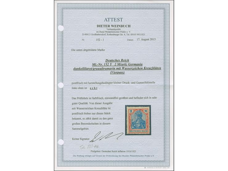 1920, Germania 2 M. dunkellilarot/gruultramarin mit Wasserzeichen Kreuzblütten (amtlich Vierpass-Wasserzeichen). Die farbfris