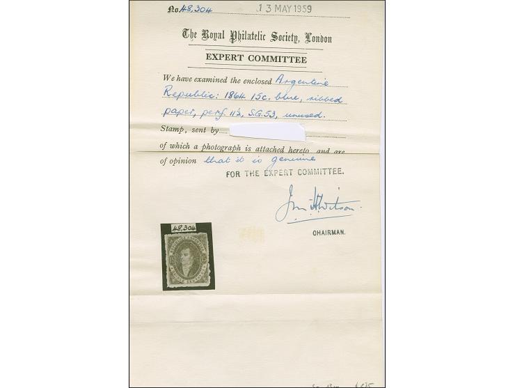 1864, Rivadavia 15c. blue on ribbed paper unused, near-perfect centering, bright color with a sharp impression, usual rough p