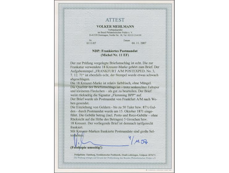 18 Kr. ockerbraun, recht farbfrisch und gut durchstochen, mit Ra2 "Frankfurt A. M. Postexped.No.2 7 12 71" auf eingeschrieben