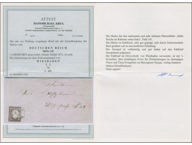 ¼ Gr. grauviolett mit Plattenfehler “helle Striche im Rahmen unten links” (Feld 141), mit klarem EKr. “WIESBADEN 2.2.72” als 