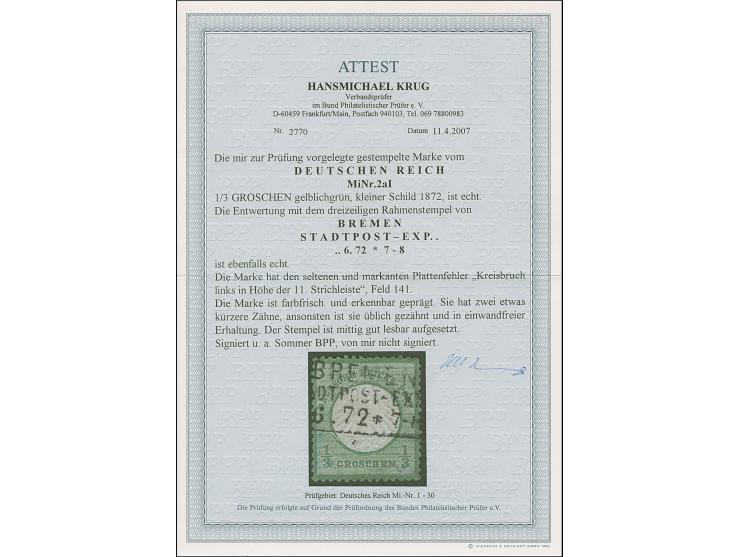 ⅓ Gr. gelblichgrün mit Plattenfehler “Kreisbruch links in Höhe der 11. Strichleiste” (Feld 141), klar mit Rahmenstempel “BREM