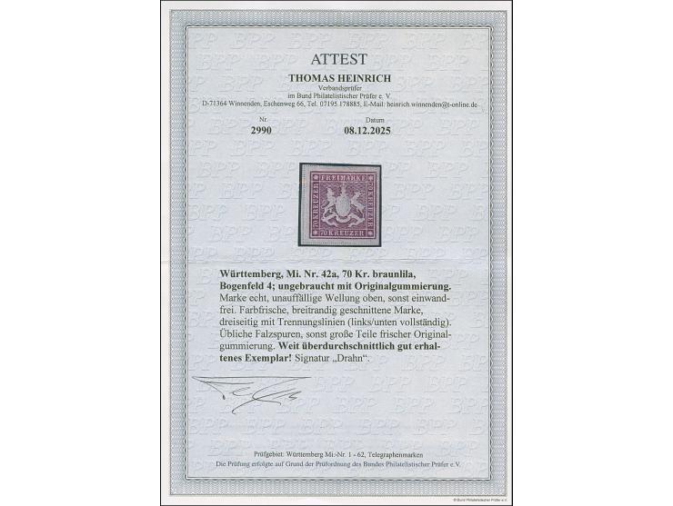 1873, 70 Kr. braunlila, Bogenfeld 4, farbfrisch, allseits breitrandig geschnitten, dreiseitig mit Trennungslinien, sauber ung