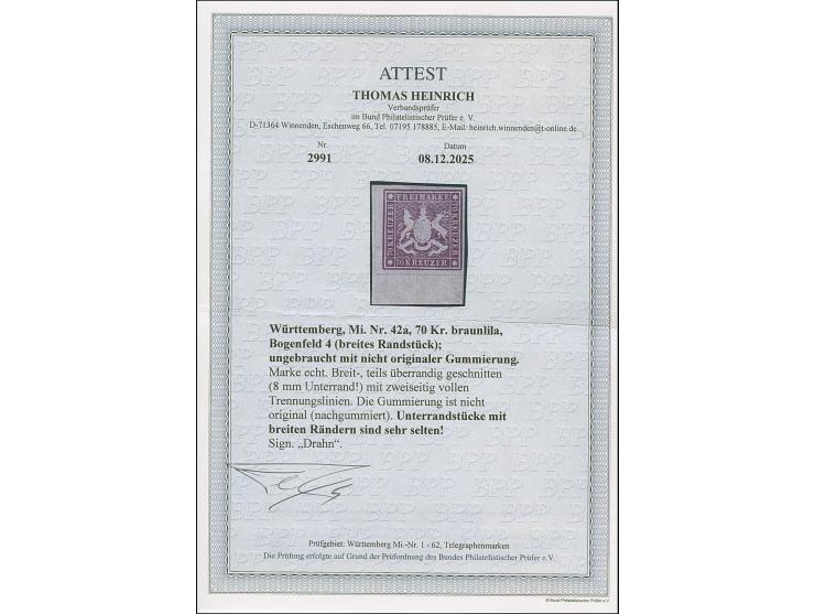 1873, 70 Kr. braunlila, Bogenfeld 4, farbfrisch, breit bis teils überrandig geschnitten mit 8mm Unterrand, zweiseitig mit Tre