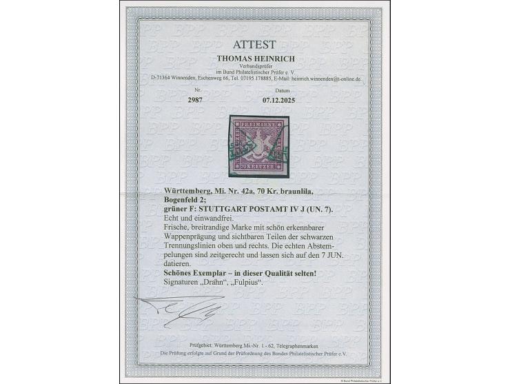 1873, 70 Kr. braunlila, Bogenfeld 2, farbfrisch, allseits breitrandig geschnitten, mit schön erkennbarer Wappenprägung, Teile