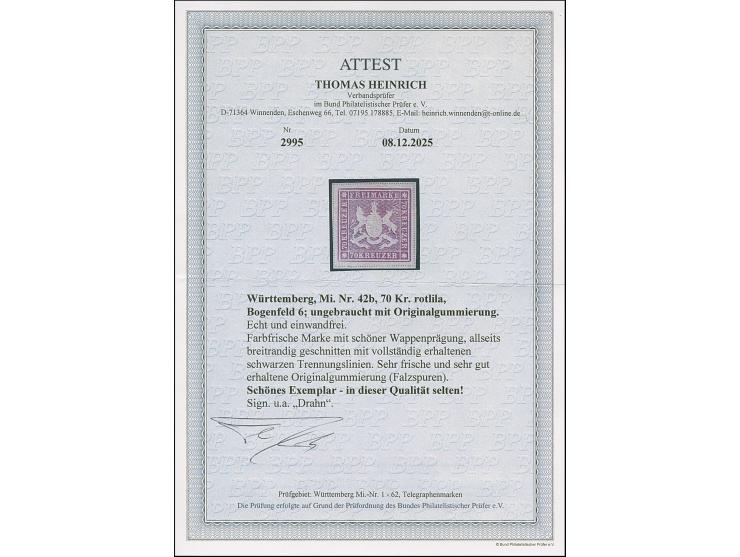 1873, 70 Kr. rotlila, Bogenfeld 6, farbfrisch, allseits breitrandig geschnitten mit schöner Wappenprägung, mit vollständigen 