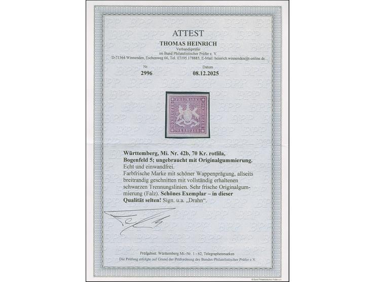 1873, 70 Kr. rotlila, Bogenfeld 5, farbfrisch, allseits breitrandig geschnitten mit schöner Wappenprägung, mit vollständigen 