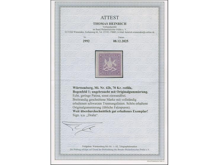 1873, 70 Kr. rotlila, Bogenfeld 5, farbfrisch, allseits breitrandig geschnitten, mit vollständigen Trennlinien, sauber ungebr