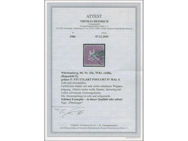 1873, 70 Kr. rotlila, Bogenfeld 5, farbfrisch, allseits breitrandig geschnitten mit schöner Wappenprägung, mit dreiseitigen T