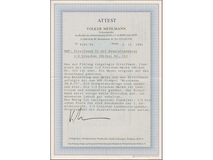 ½ Gr. orange, farbfrisch und gut gezähnt, als Zufrankatur auf Streifband ⅓ Gr. grün, mit EKr."WIESBADEN 20 6 71" nach Naunsta