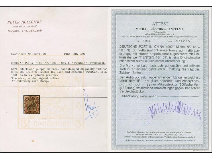 Handstempel 50 Pfg. mit Stempel “TIENTSIN DP 18.1.01”, die farbfrische Marke ist sehr gut gezähnt und in tadelloser Erhaltung