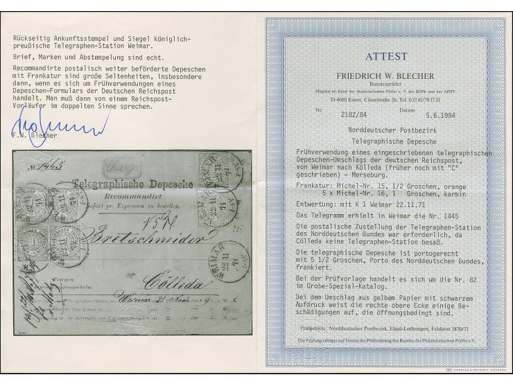 ½ Gr. orange und 5 Einzelwerte 1 Gr. rosa, mit neuem EKr. "WEIMAR 22 11 71" &nbsp;auf beigefarbener &nbsp;"Telegraphische Dep