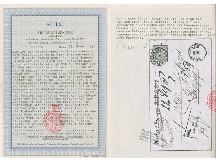 18 Kr. ocker, mit rechts sauber auf- und nebengesetztem EKr. "OFFENBACH 20 10" (1871) auf teils vorgedrucktem Paketbegleitbri