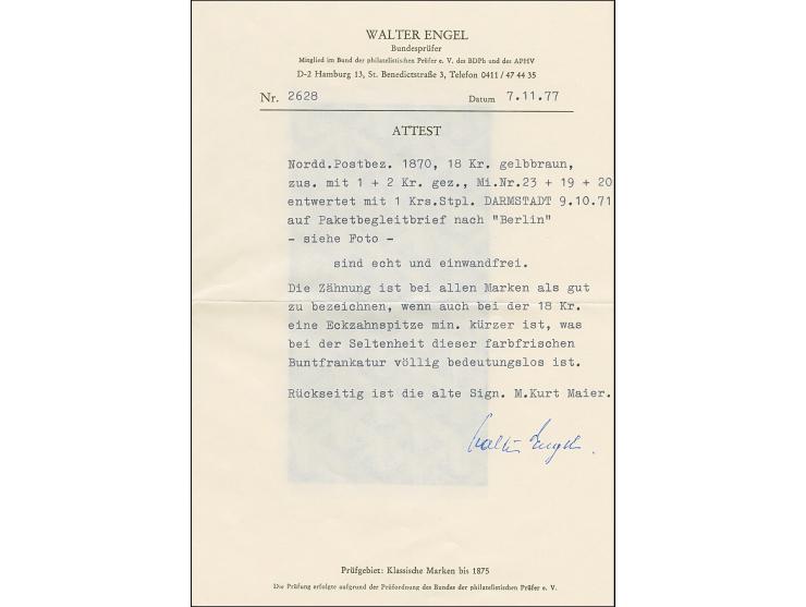 18 Kr. ocker, 1 Kr. grün und 2 Kr. orange mit klar auf- und nebengesetztem EKr. "DARMSTADT 9 10 71" auf Paketbegleitbrief nac