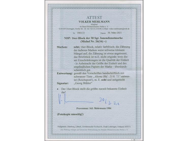 30 Gr. blau im 16er-Block, farbfrisch und ausgabetypisch gezähnt, paarweise sauber handschriftlich entwertet "Altona Bhf. 21/