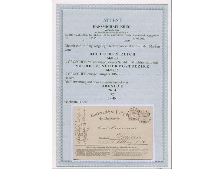 ½ Gr. in wertstufengleicher Mischfrankatur mit Kleiner Brustschild ½ Gr. ziegelrot, beide Marken farbfrisch, gut zentriert un