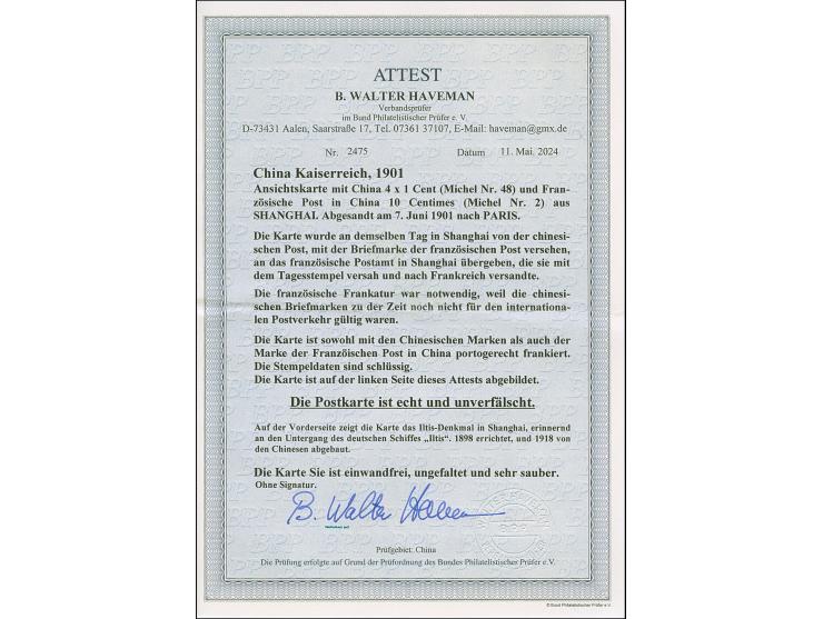 1 c. ocher, four singles neatly tied by cds “SHANGHAI 7 JUN 01” to postcard to Paris, France, handed over to the French Offic