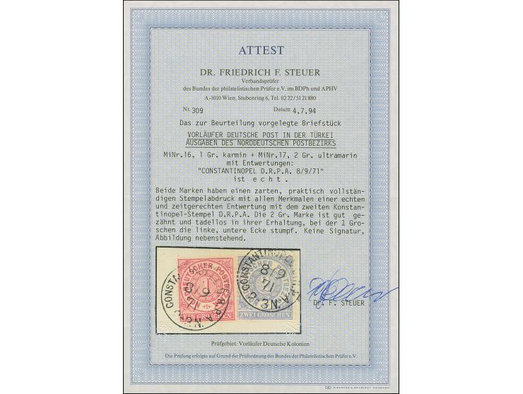 NORDDEUTSCHES POSTAMT IN KONSTANTINOPEL: zwei Briefstücke mit Farbfrankaturen 1 und 2 Gr., dabei der seltene Stempel "D.R.P.A