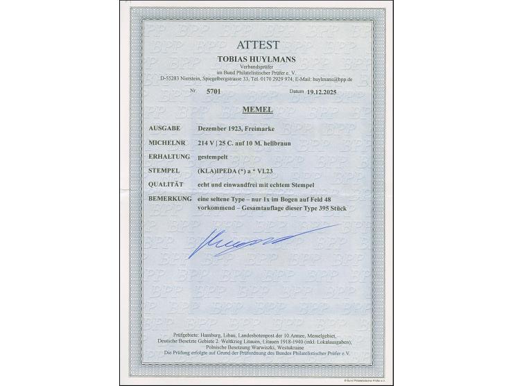 1923, 24-Werte, 25 C. auf 10 M. hellbraun, Type V, sauber gestempelt, tadellos, eine sehr seltene Marke, Fotoattest Huylmans 