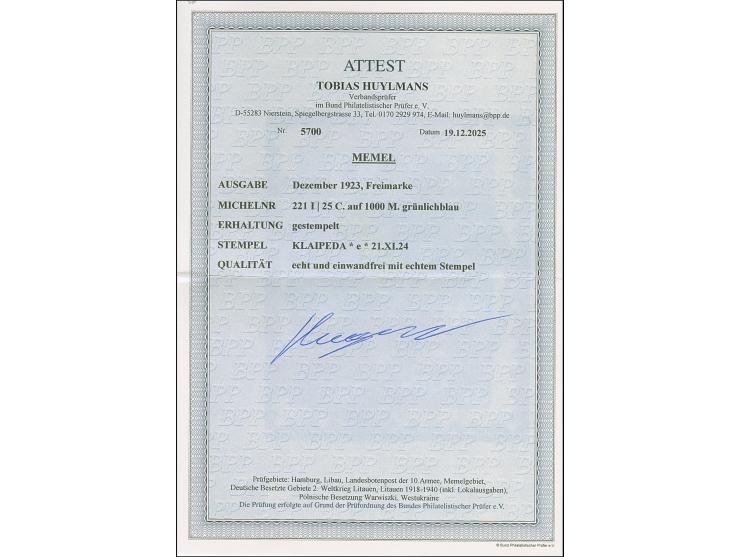 1923, 24-Werte 25 C. auf 1000 M., farbfrisch und gut gezähnt, sauber zentrisch gestempelt “KLAIPEDA 21.X.24", tadellos, Fotoa