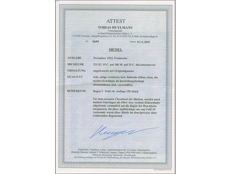 1923, 15 C. auf 100 M. auf 25 C. dunkelzinnoberrot, Type II, sauber ungebraucht, mit den für diese Type typischen verkürzten 