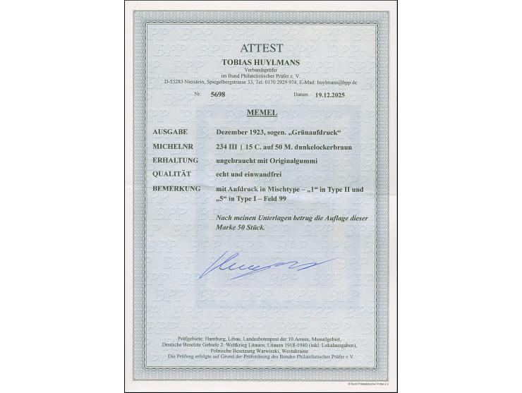 1923, Grünaufdruck 15 C. auf 50 M. dunkelockerbraun, mit Aufdruck in Mischtype, “'1' in Type II und ‘5’ in Type I, von Aufdru