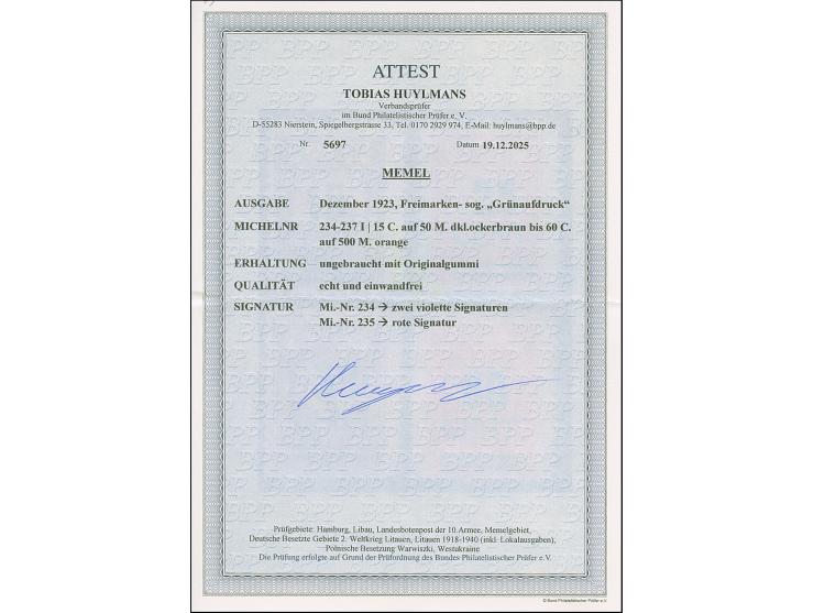 1923, Grünaufdruck 15-60 C., sauber ungebraucht, tadellos, teils sign. sowie Fotoattest Huylmans BPP (2025)