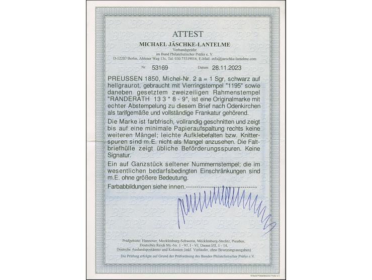“1195” RANDERATH (OPD Aachen), sauber auf 1 Sgr. auf hellgraurot, vollrandig, auf Briefhülle nach Odenkirchen. Marke minimale