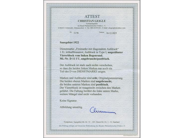 1922, 1 Fr., Aufdruck in Type I, ungezähnter Viererblock vom linken Bogenrand, dabei die linken Marken ohne Aufdruck (kleiner